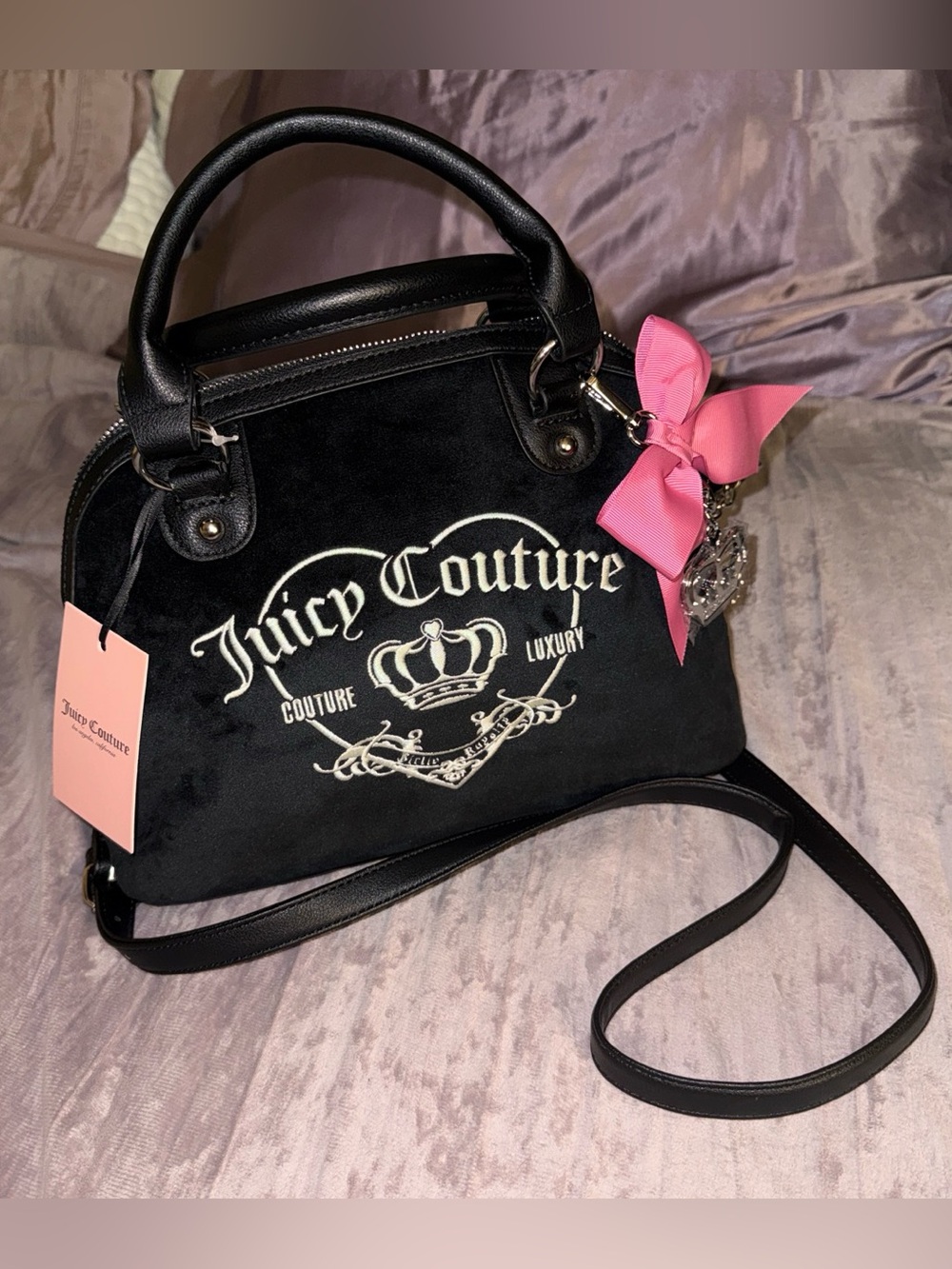 Y2K Juicy Couture Black Velvet Satchel with Pink Bow Charm